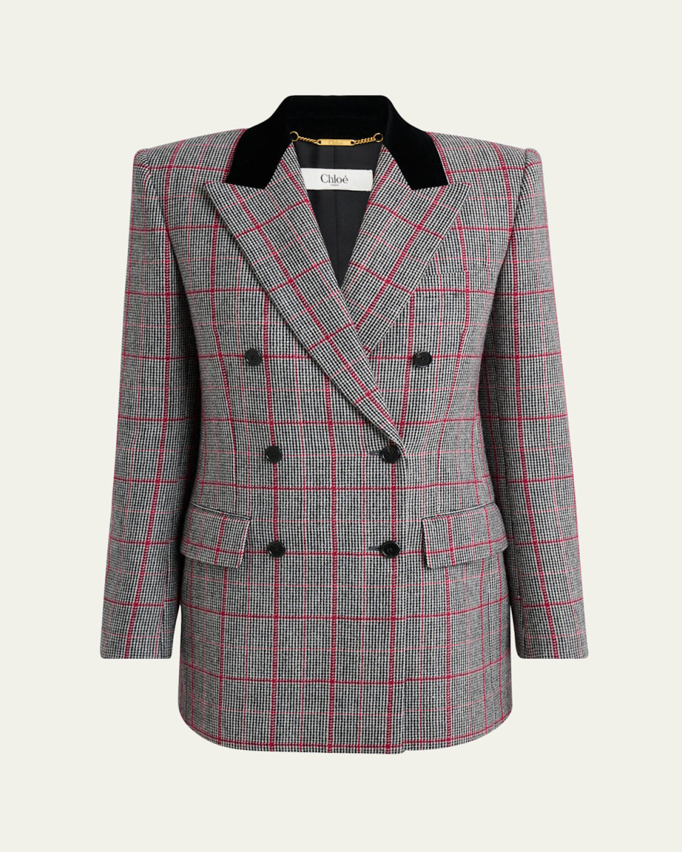 Check Wool Velvet-Trim Double-Breasted Jacket